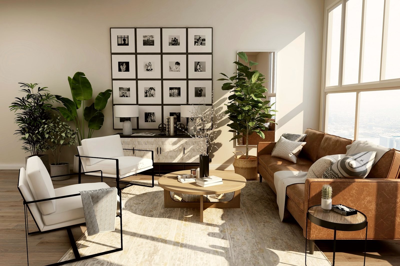 Sunlit living room with a leather sofa, gallery wall and layered textiles